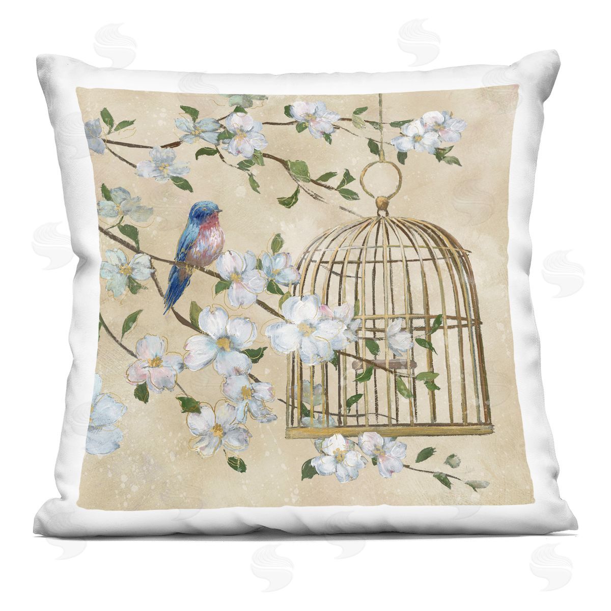 Nan Evening Song Birdcage Over Beige Plush Polyester Art Print Pillow