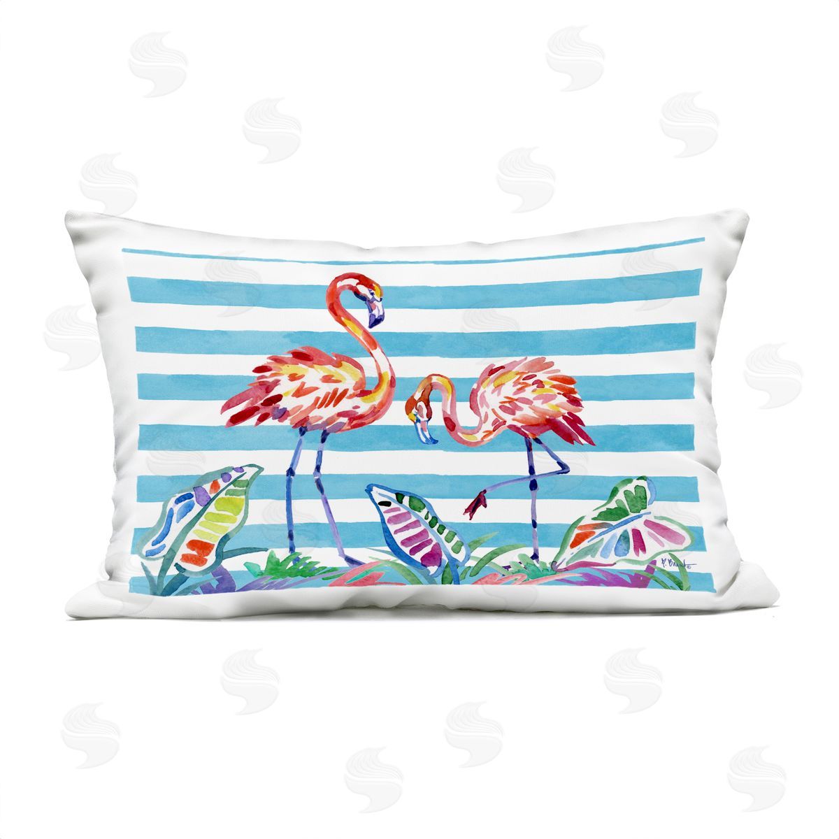 Paul Brent Brushstroke Flamingos on Stripes Plush Polyester Art Print Pillow