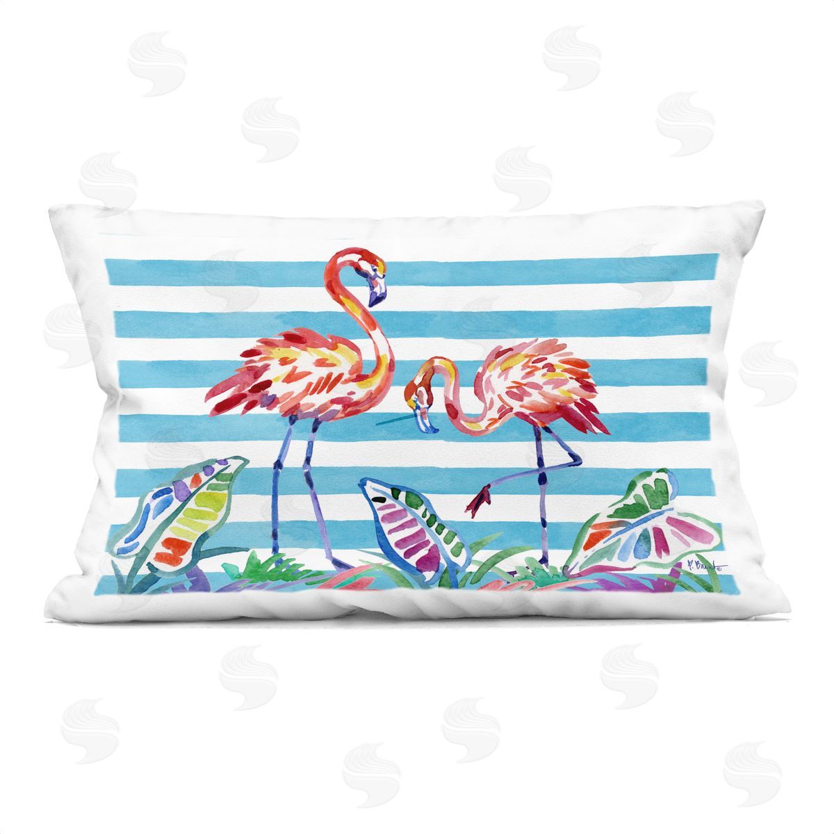 Paul Brent Brushstroke Flamingos on Stripes Plush Polyester Art Print Pillow
