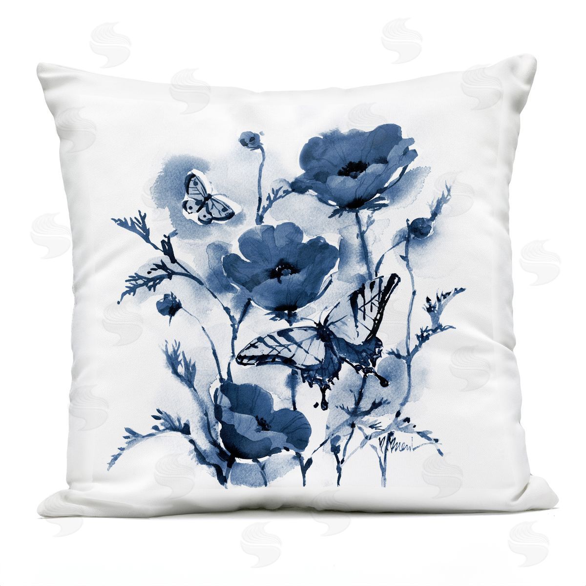 Paul Brent Indigo Poppies & Butterflies Plush Polyester Art Print Pillow