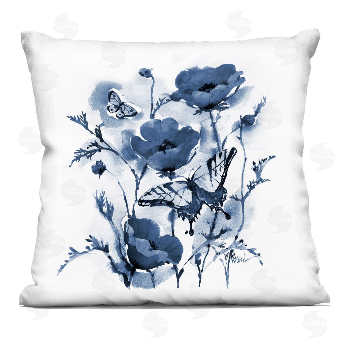 Paul Brent Indigo Poppies & Butterflies Plush Polyester Art Print Pillow