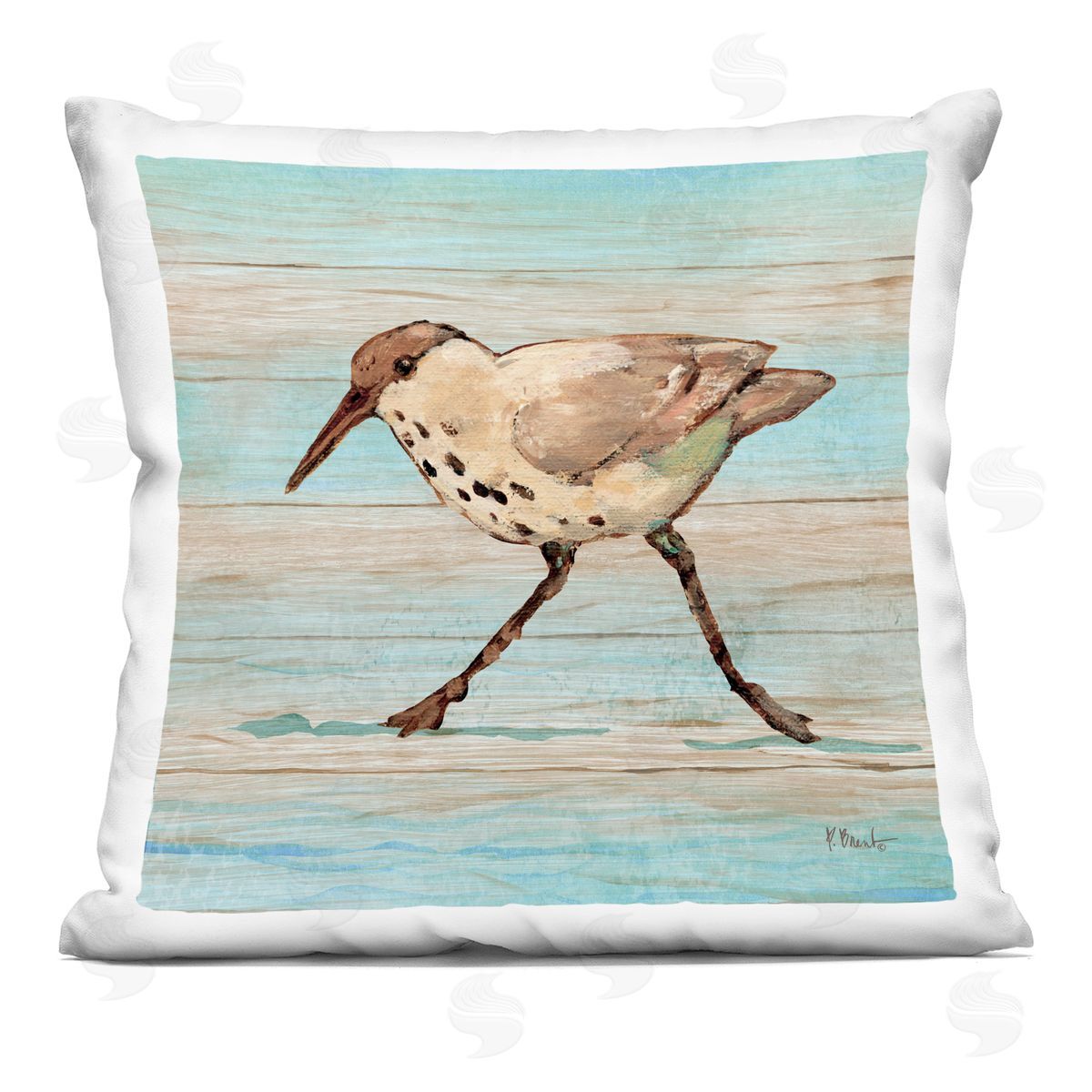 Paul Brent Coastal Teak Sandpiper Plush Polyester Art Print Pillow