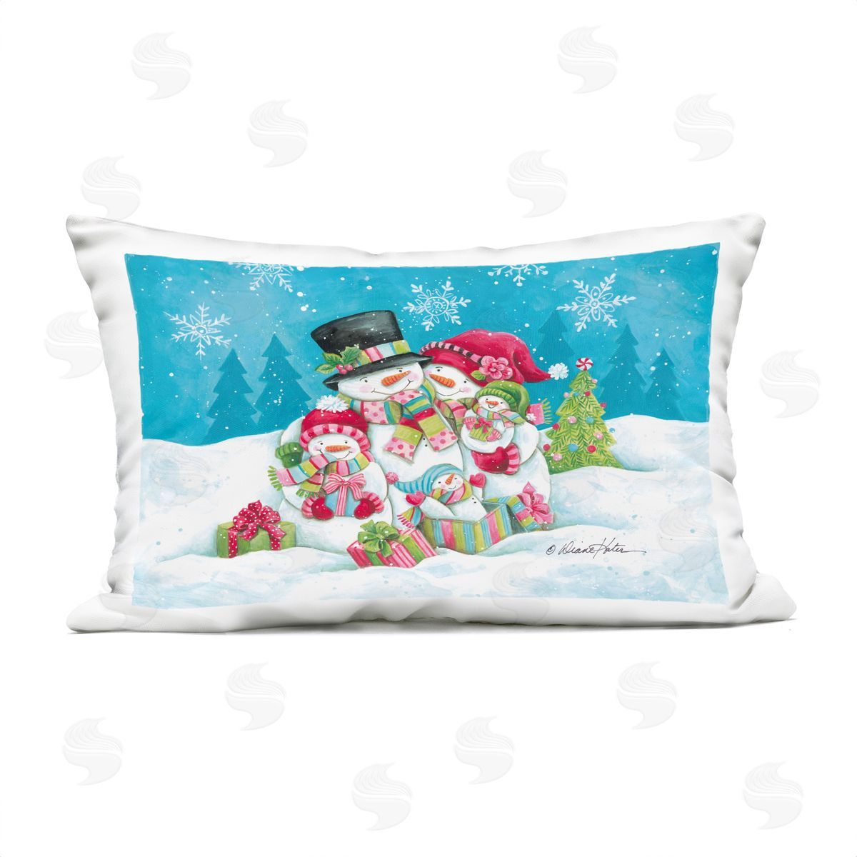 Diane Kater Festive Snowman Family Scene Plush Polyester Art Print Pillow