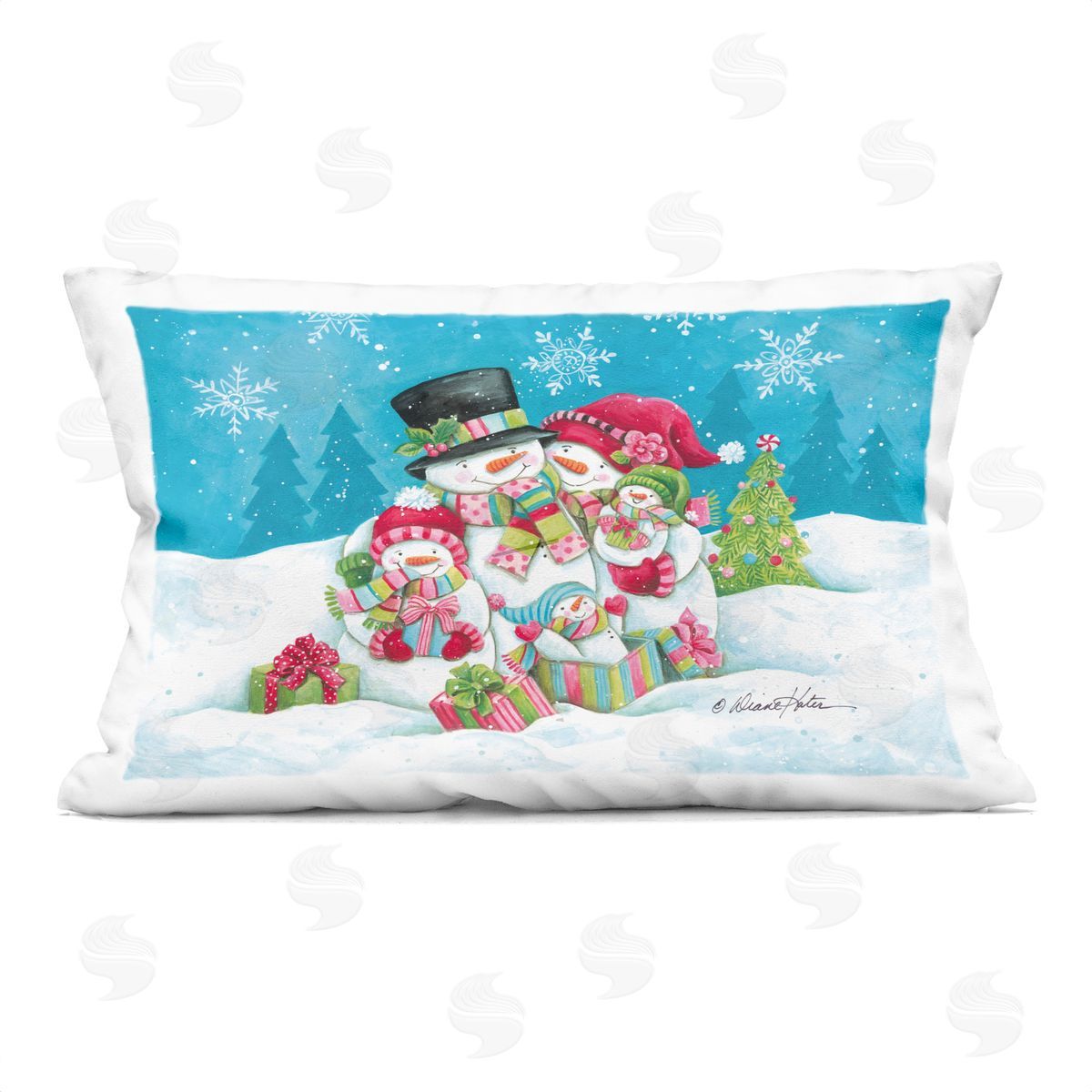Diane Kater Festive Snowman Family Scene Plush Polyester Art Print Pillow