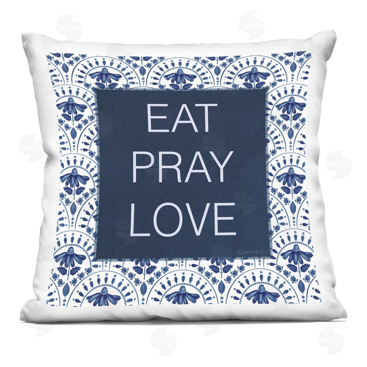 Annie LaPoint Eat Pray Love on Blue Florals Plush Polyester Art Print Pillow
