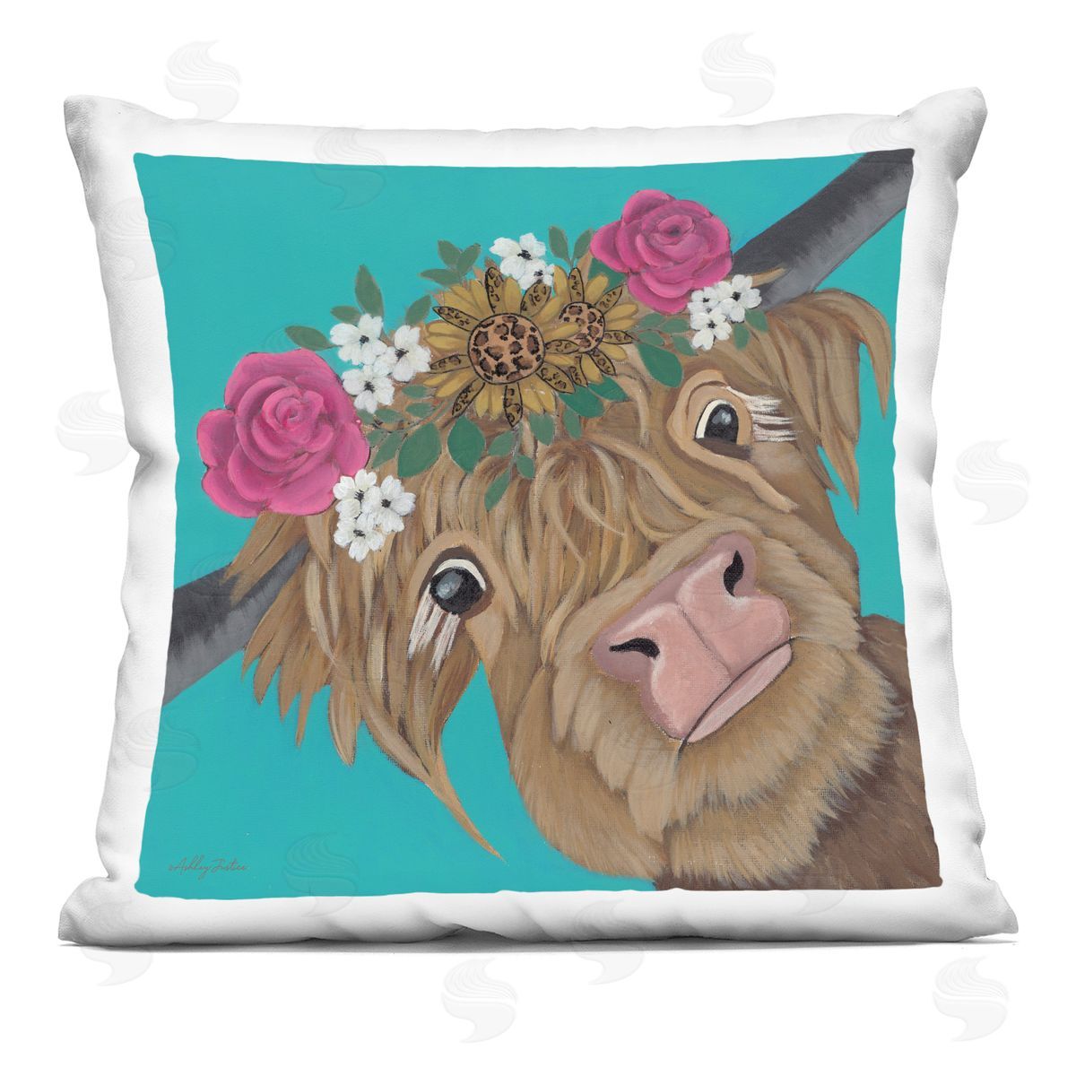 Ashley Justice Joyful Cattle with Flower Crown Plush Polyester Art Print Pillow