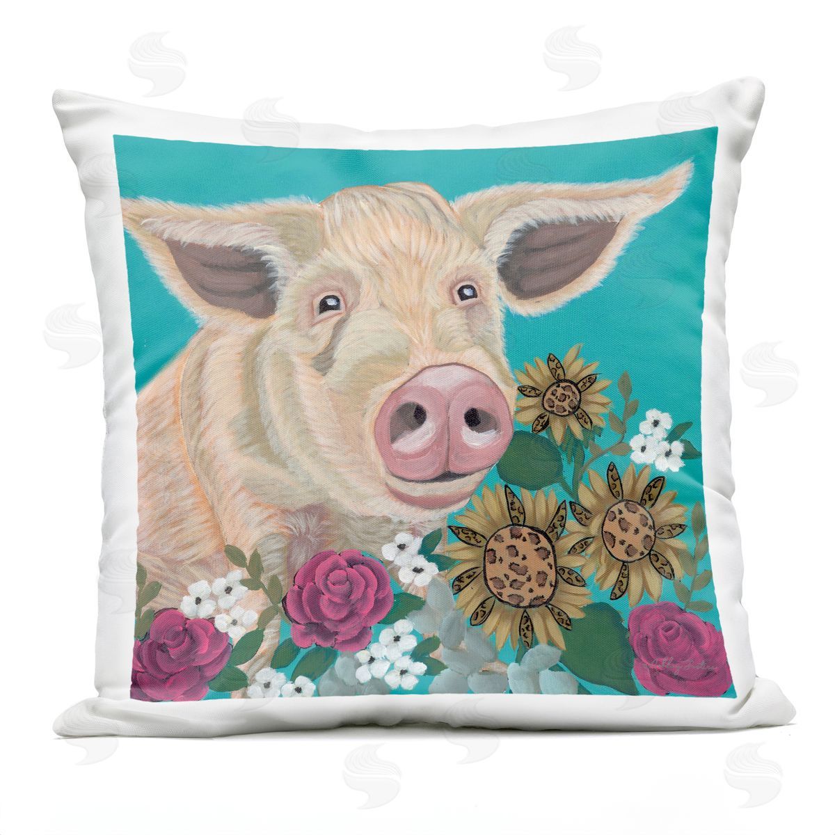 Ashley Justice Pig Portrait with Purple Flowers Plush Polyester Art Print Pillow