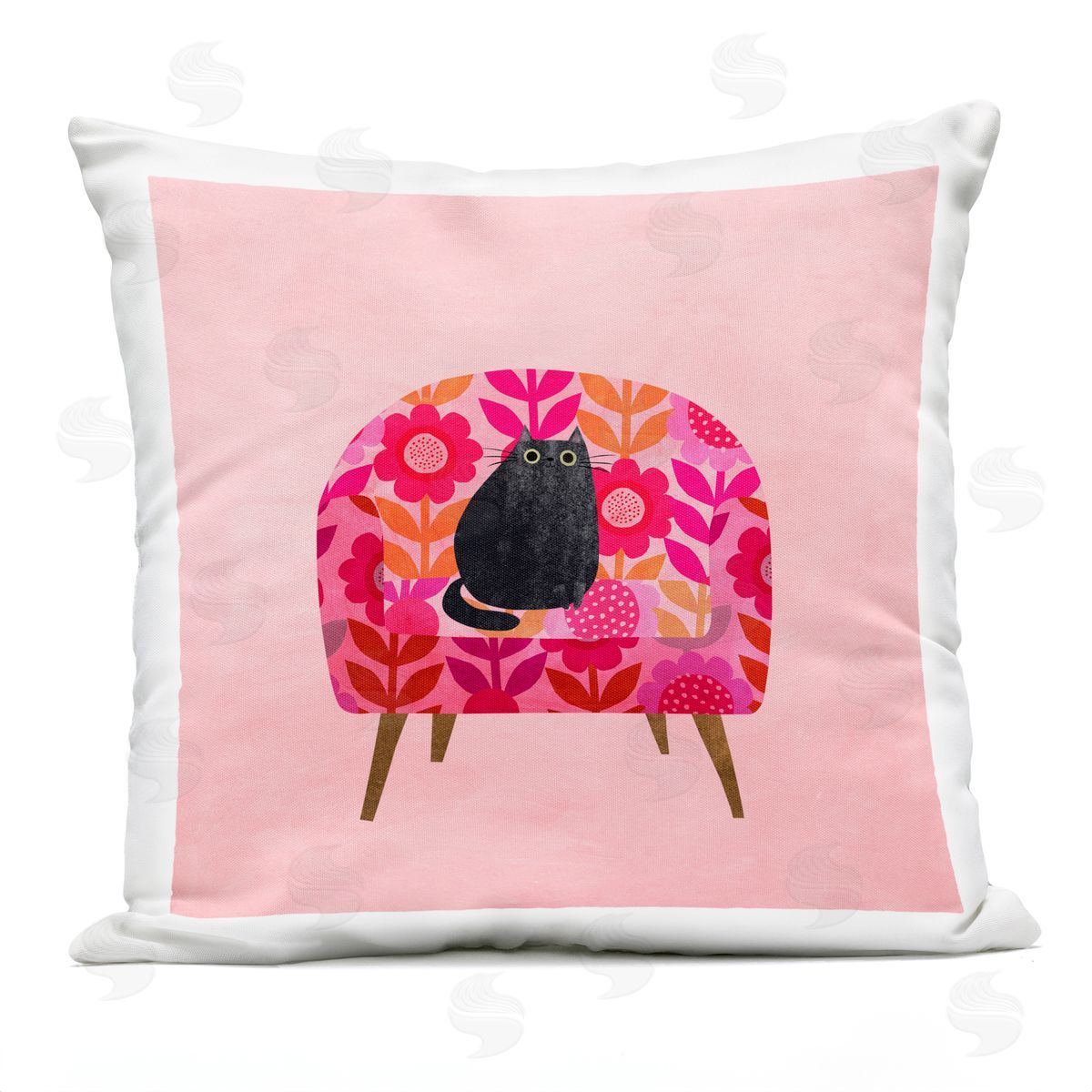 Planet Cat by Angie Rozelaar Cat on Retro Floral Chair Plush Polyester Art Print Pillow