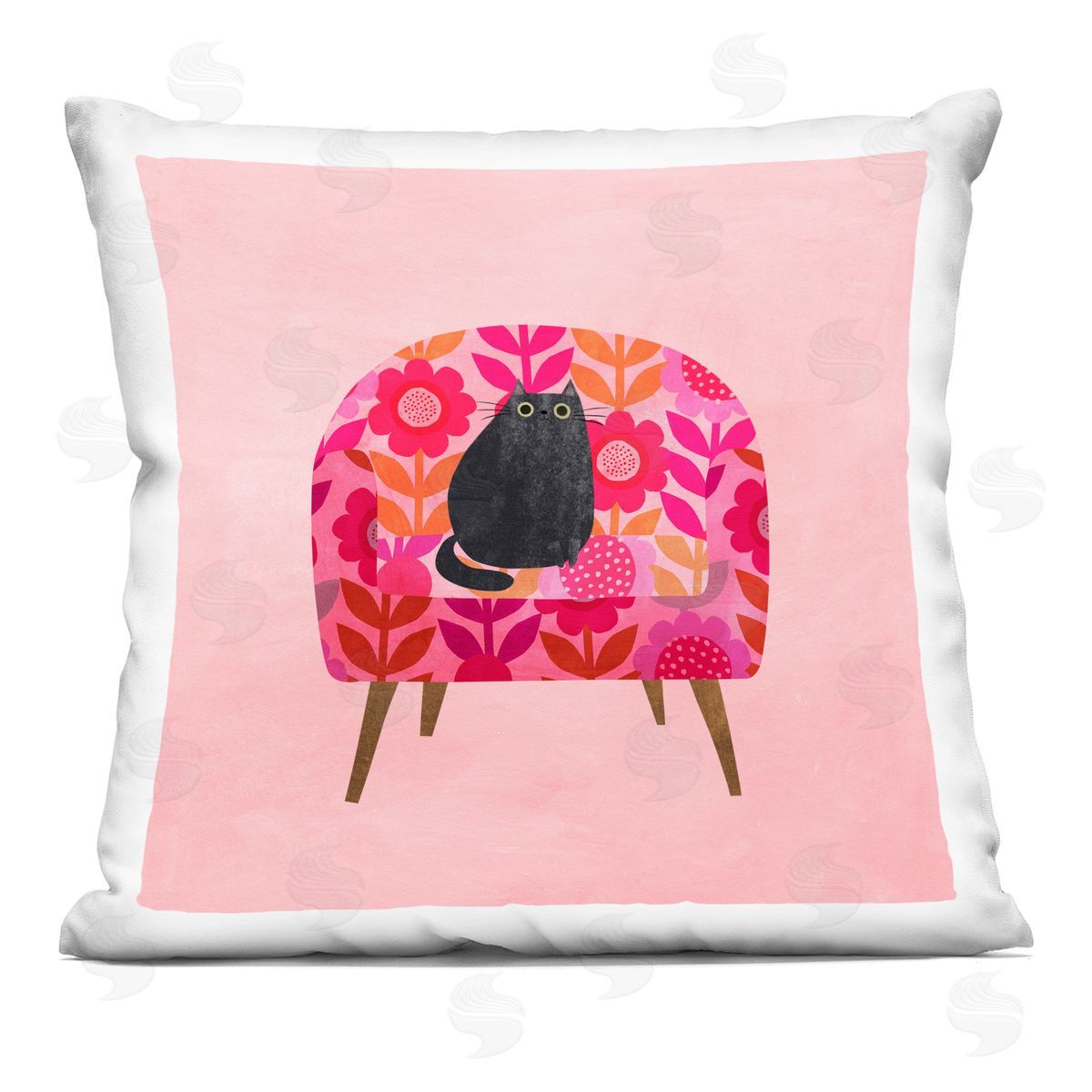 Planet Cat by Angie Rozelaar Cat on Retro Floral Chair Plush Polyester Art Print Pillow