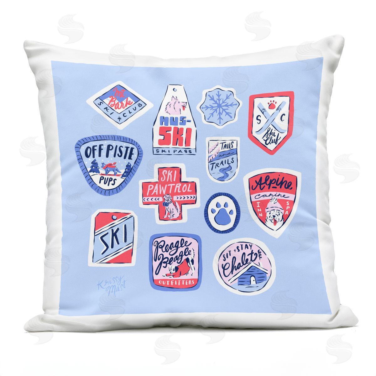 Krissy Mast Dog Ski Tickets Placement Plush Polyester Art Print Pillow