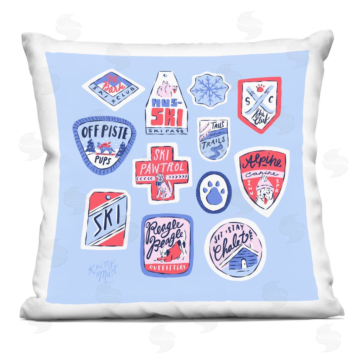 Krissy Mast Dog Ski Tickets Placement Plush Polyester Art Print Pillow