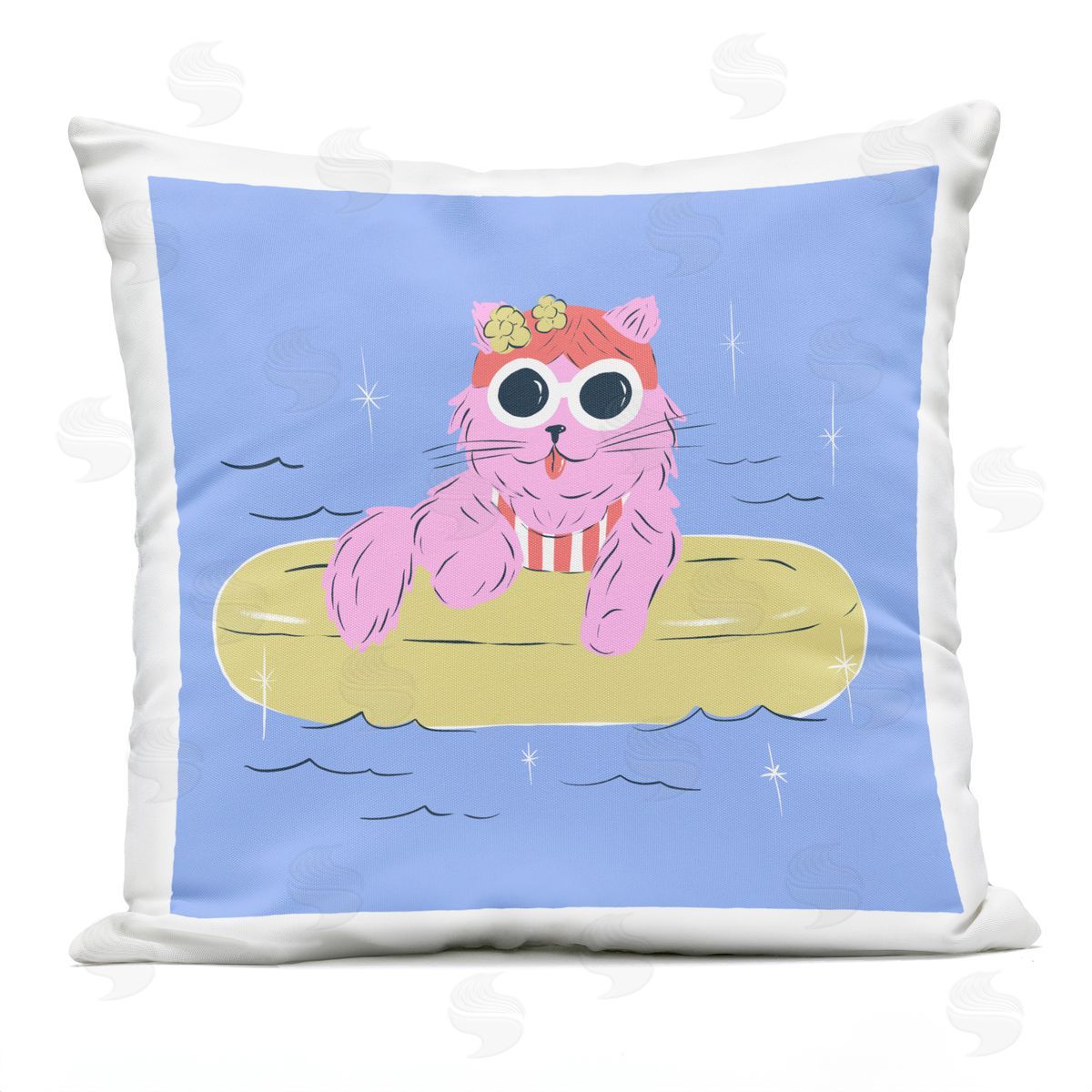 Krissy Mast Summer Pool Float Cat Plush Polyester Art Print Pillow