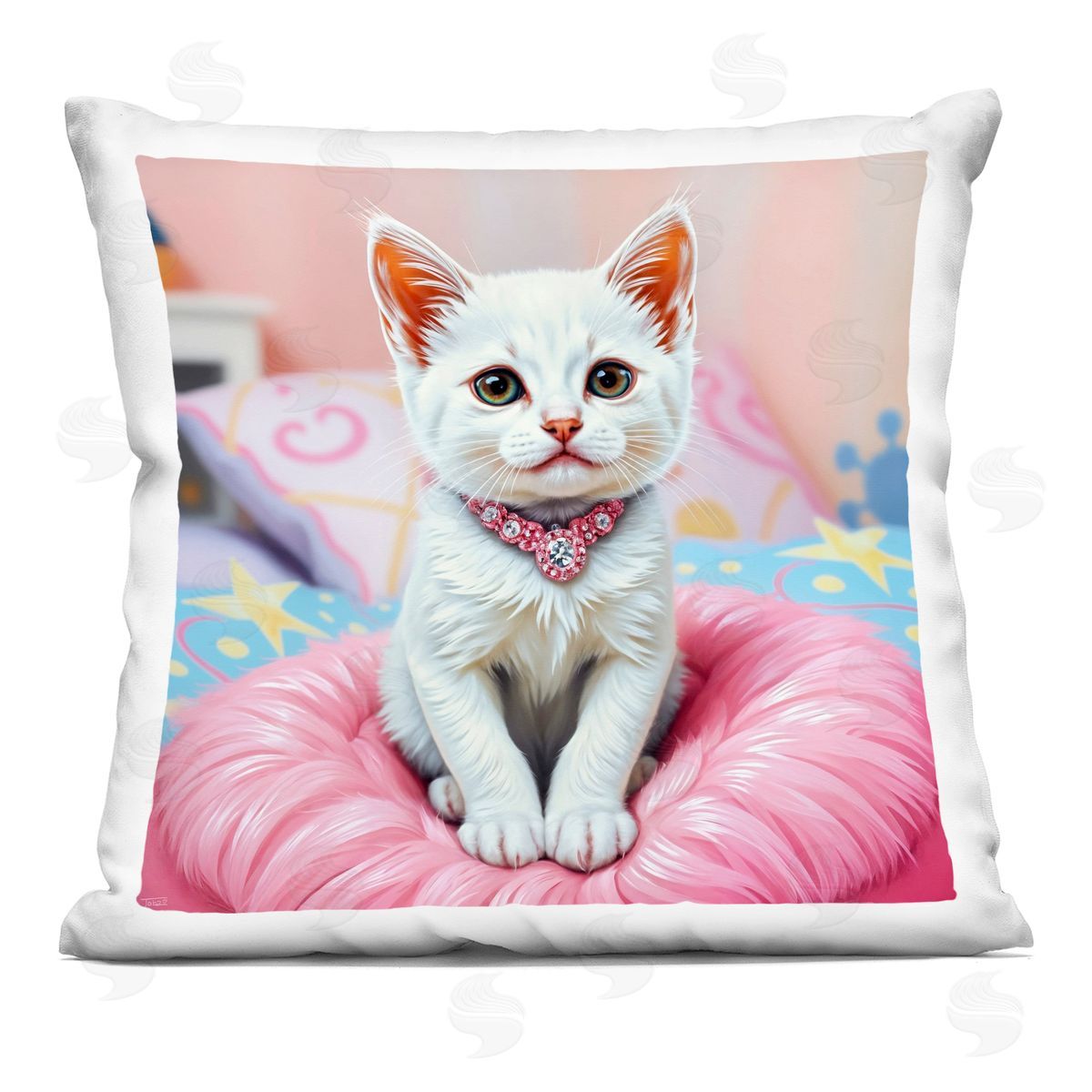 Tabz Jones Diamonds & Cuddles Kitten Plush Polyester Art Print Pillow