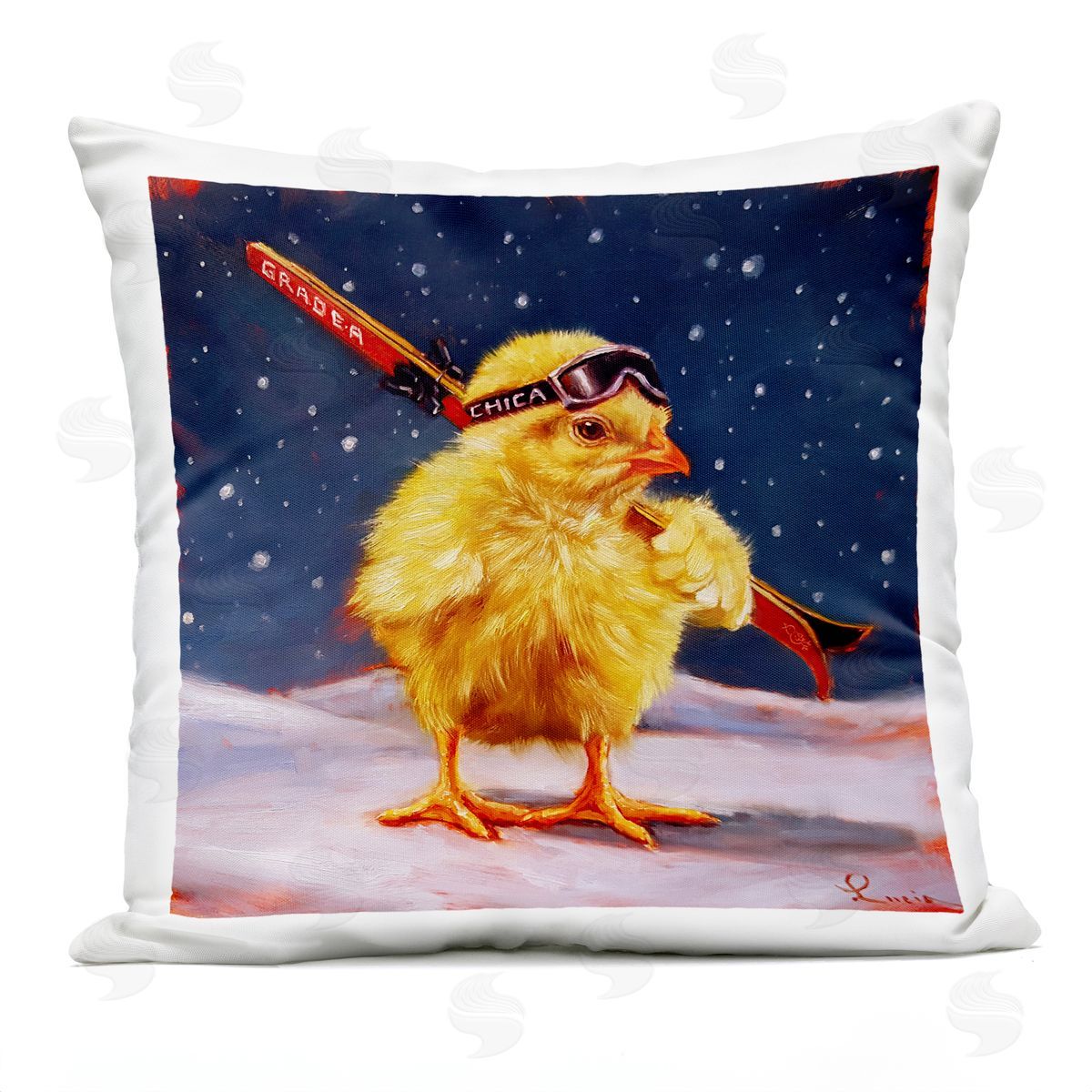 Lucia Heffernan Chick With Sticks Skiing Plush Polyester Art Print Pillow
