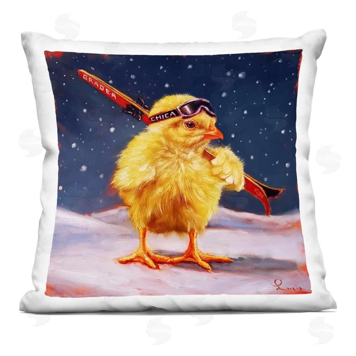 Lucia Heffernan Chick With Sticks Skiing Plush Polyester Art Print Pillow