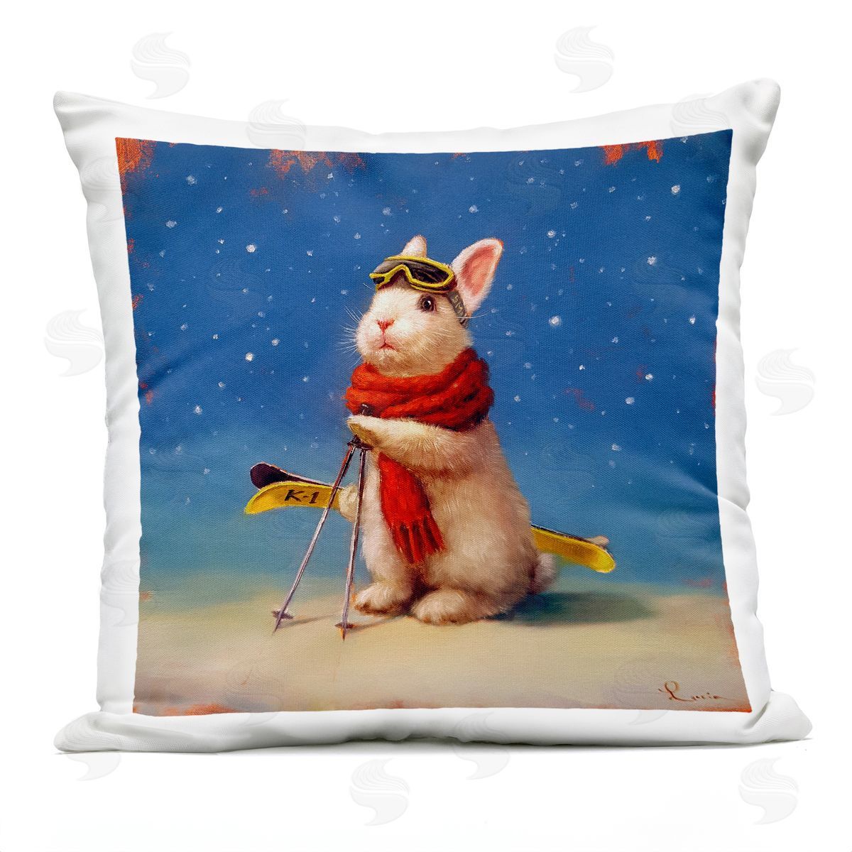 Lucia Heffernan First Snow Bunny & Skis Plush Polyester Art Print Pillow