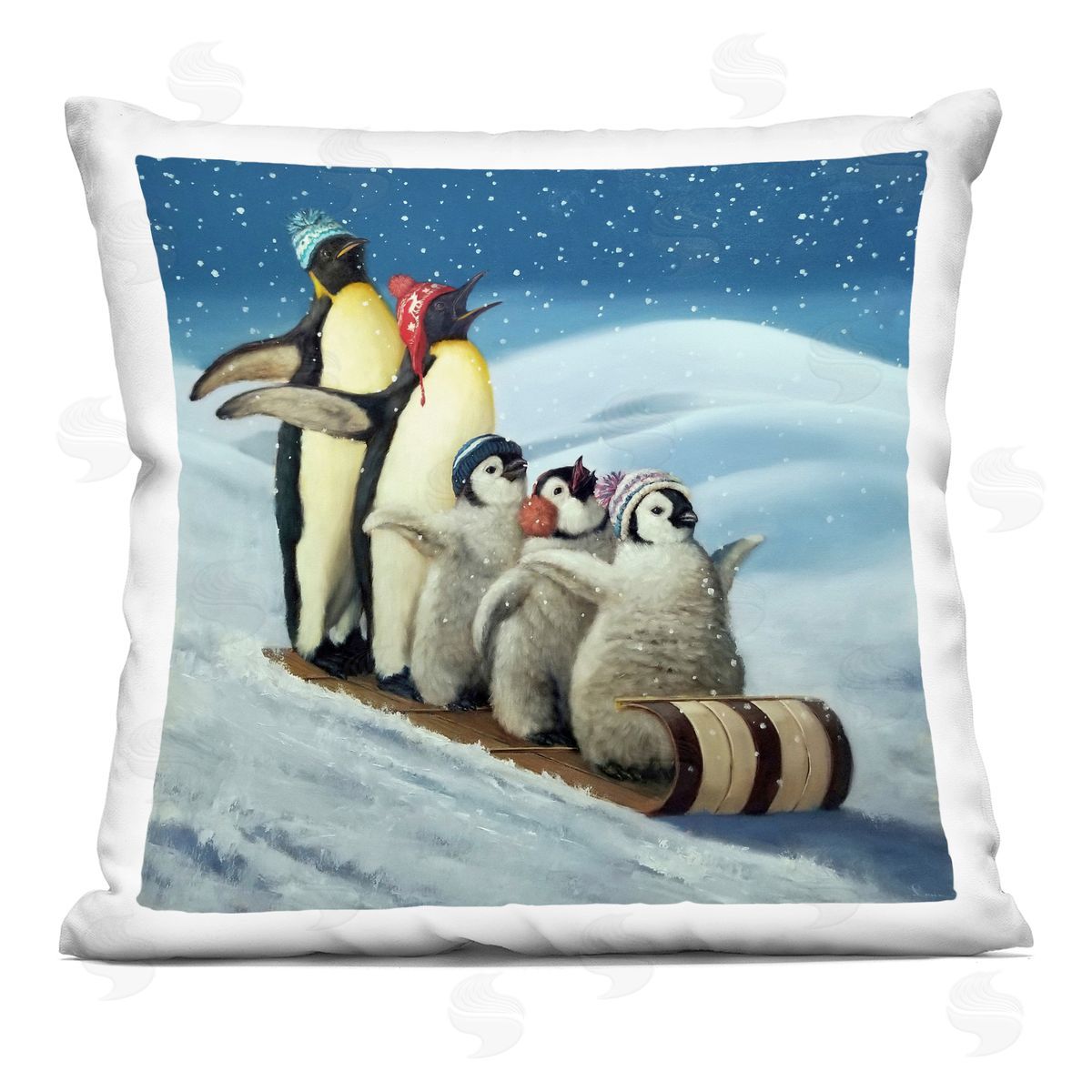 Lucia Heffernan Sleigh Ride Snowy Penguins Plush Polyester Art Print Pillow