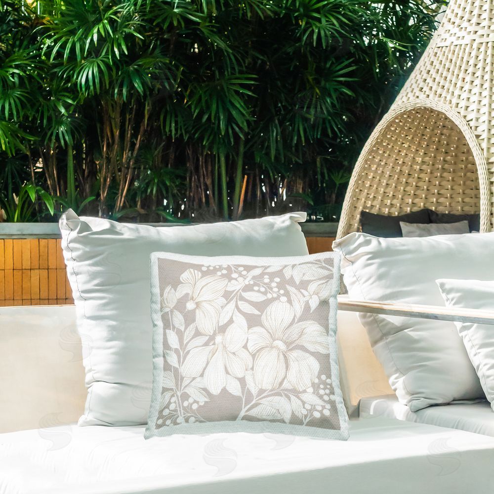 Hannah Dawson Botanical Symphony Neutrals Outdoor Square Pillow on Patio