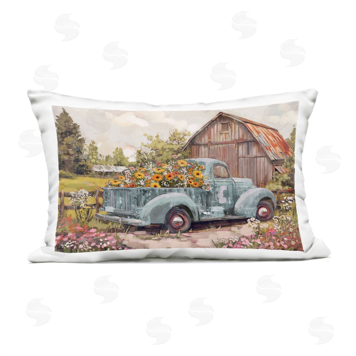 Nina Blue Vintage Truck with Mum Flowers Plush Polyester Art Print Pillow