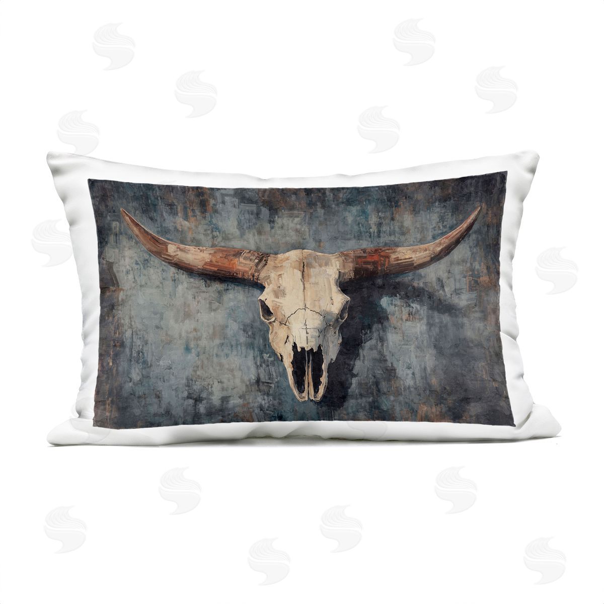 Nina Blue Antique Distressed Cow Skull Plush Polyester Art Print Pillow