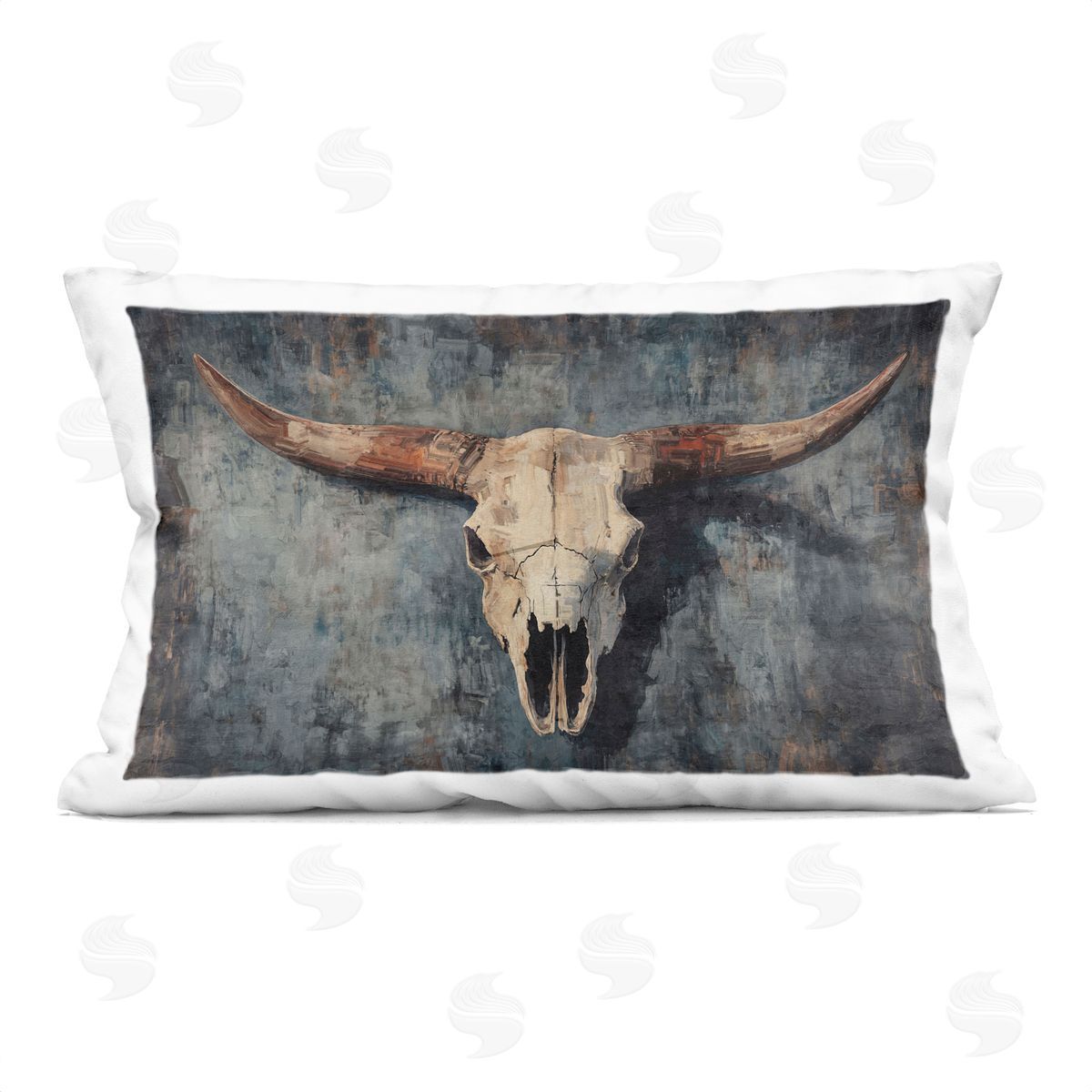Nina Blue Antique Distressed Cow Skull Plush Polyester Art Print Pillow