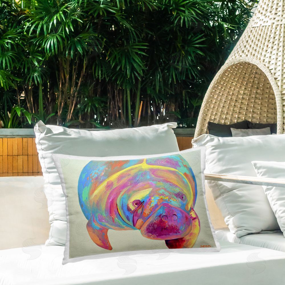 Jennifer Seeley Mixed Hue Manatee Outdoor Rectangular Pillow on Patio