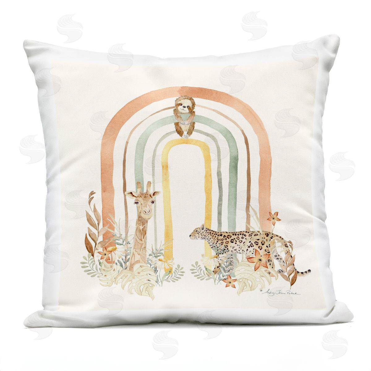 Audrey Jeanne Roberts Jungle Animals Soft Rainbow Plush Polyester Art Print Pillow