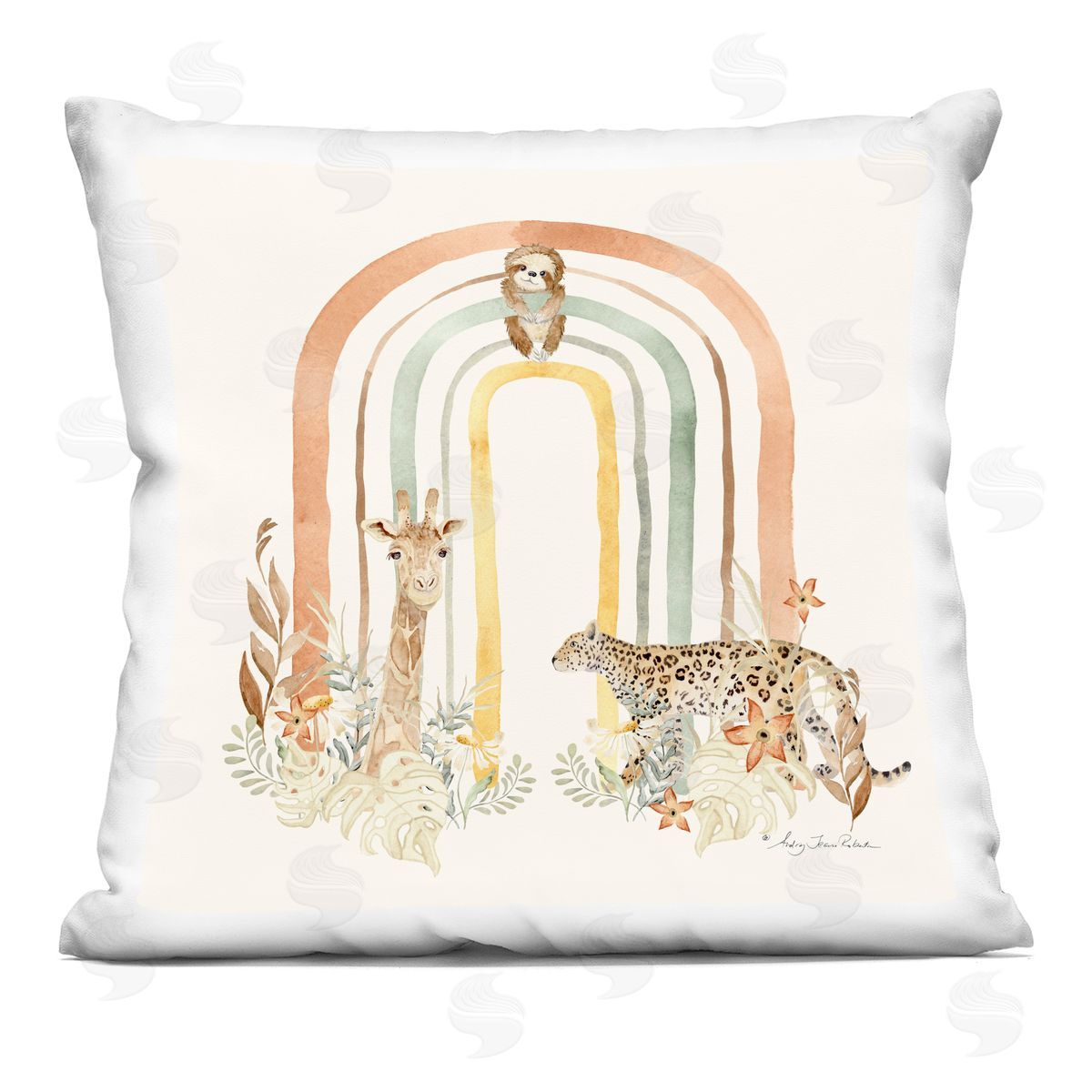 Audrey Jeanne Roberts Jungle Animals Soft Rainbow Plush Polyester Art Print Pillow