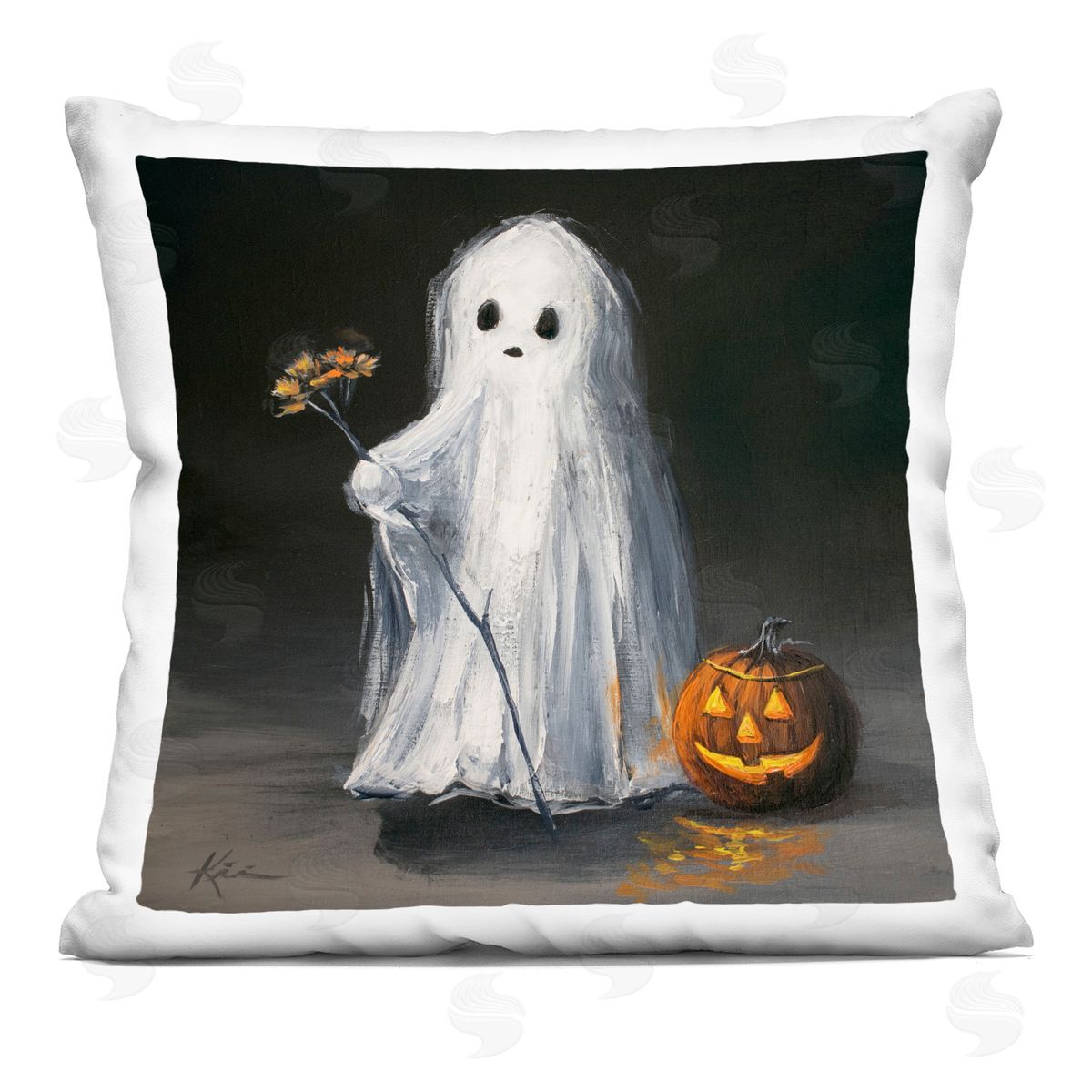 Lindsay Kivi Fine Art Vintage Halloween Ghost & Pumpkin Plush Polyester Art Print Pillow