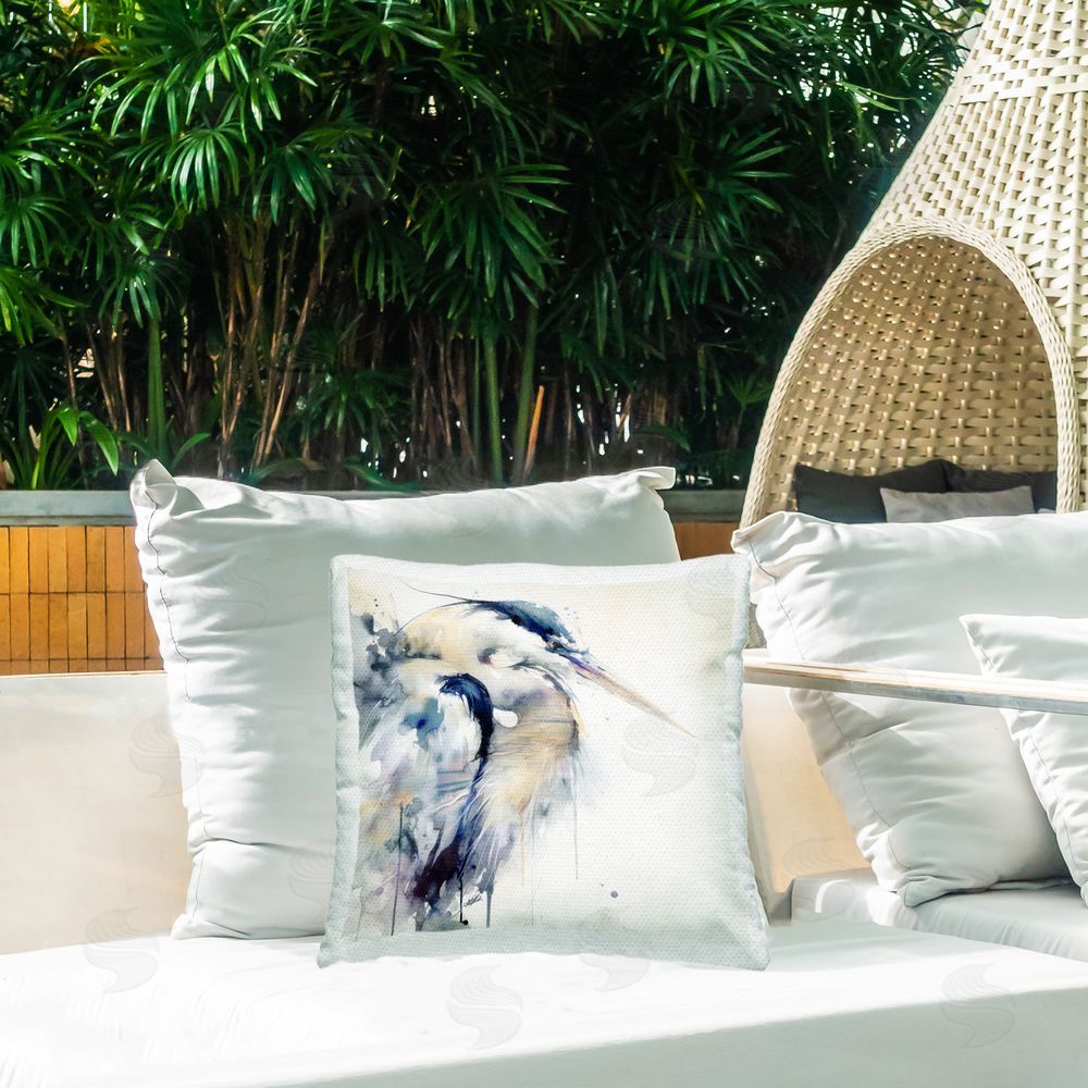 Sally Kaye Barlow/Makaio Design Coastal Serenity Blue Heron Outdoor Square Pillow on Patio