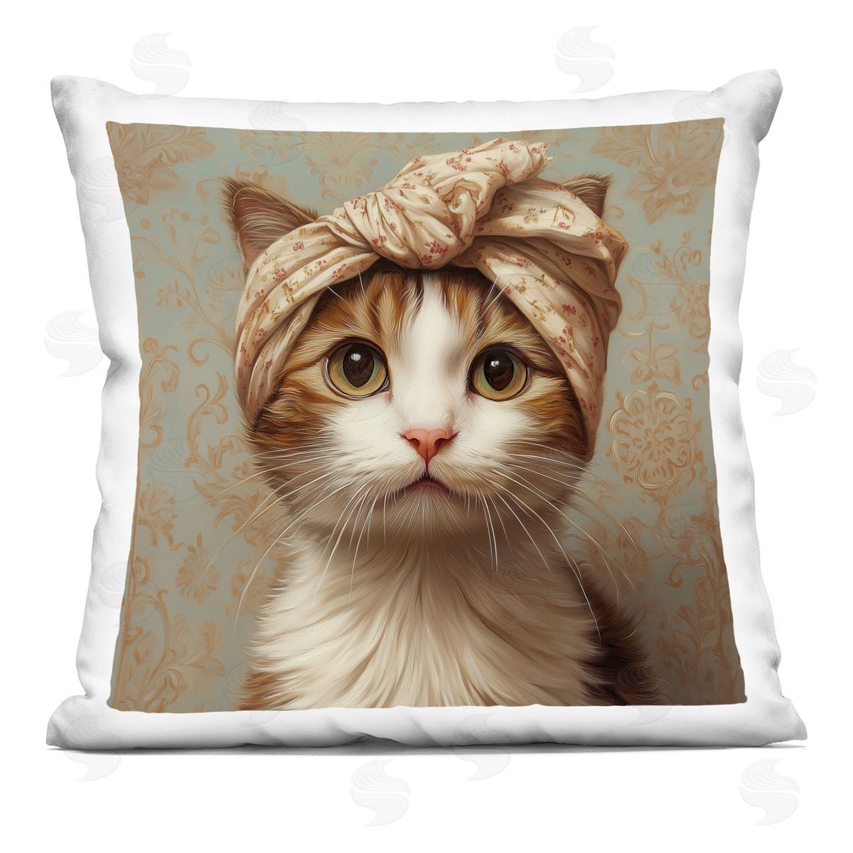 Jim Baldwin Cat with Fashionable Turban Plush Polyester Art Print Pillow