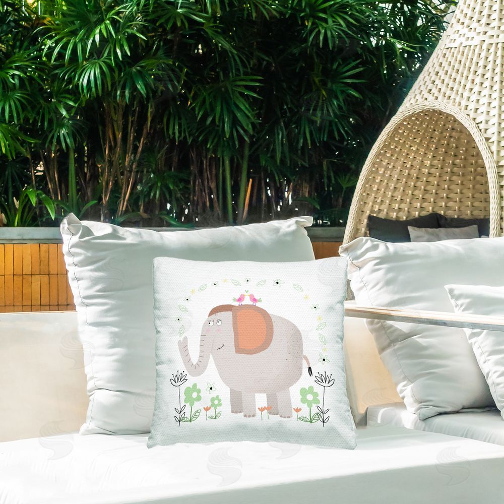 Carla Daly Floral Baby Elephant Illustration Outdoor Square Pillow on Patio
