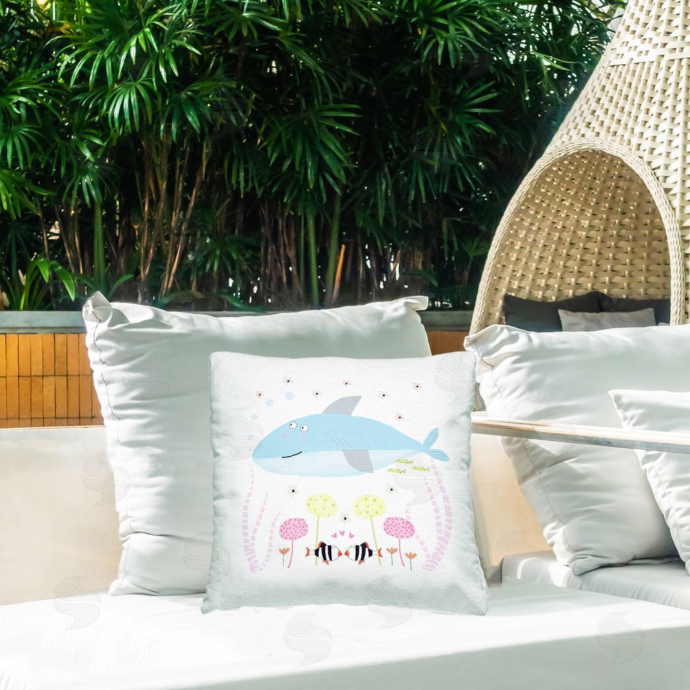 Carla Daly Baby Shark & Flowers Outdoor Square Pillow on Patio
