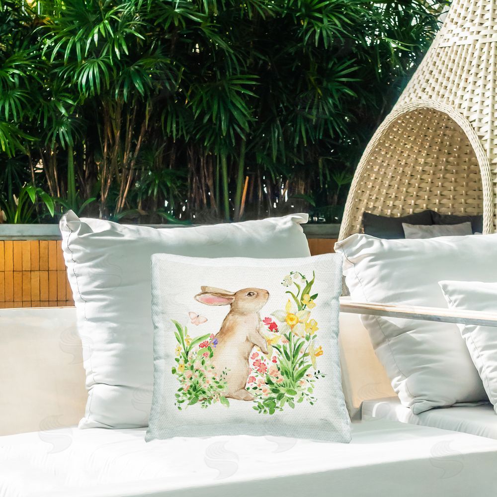 Katrina Pete Spring Celebration Rabbit Outdoor Square Pillow on Patio
