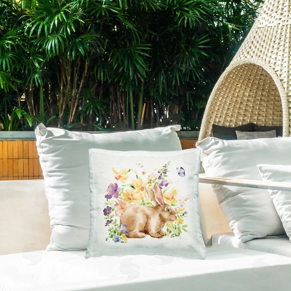 Katrina Pete Spring Celebration Bunny Outdoor Square Pillow on Patio