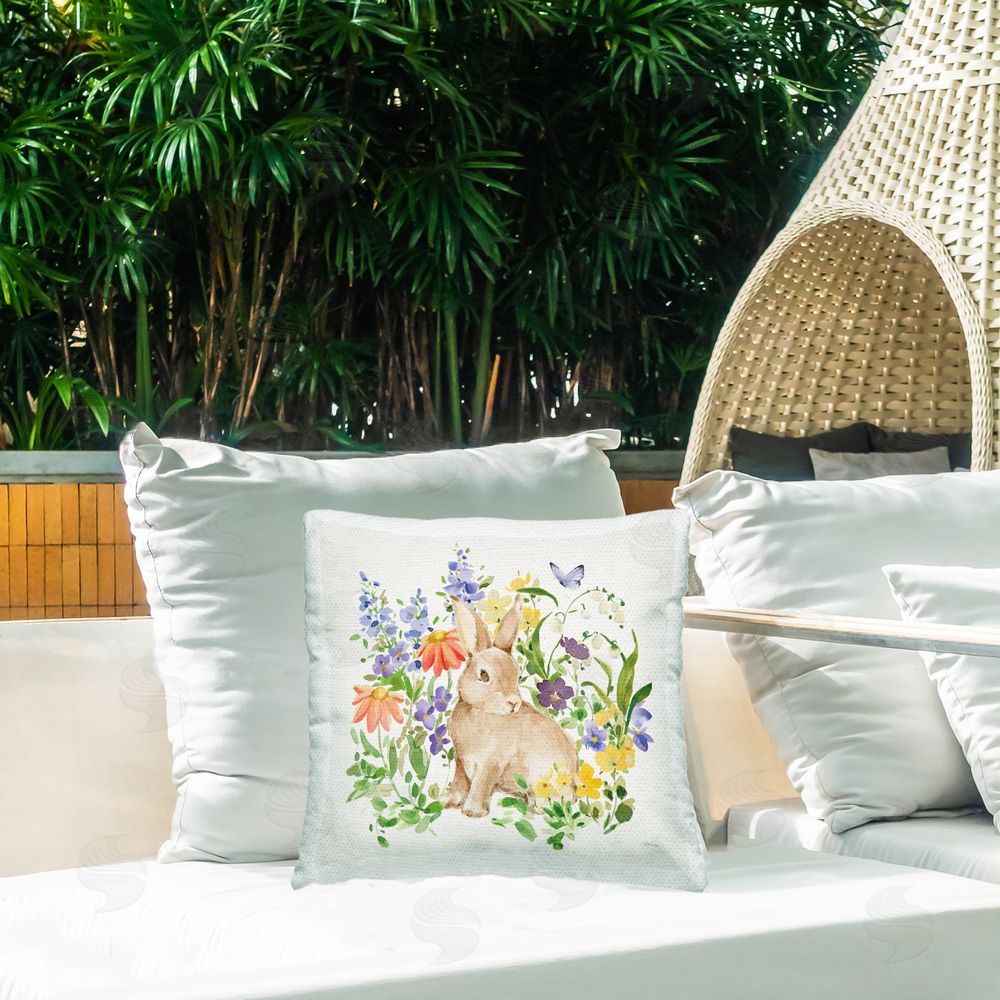 Katrina Pete Celebrate Spring Bunny Outdoor Square Pillow on Patio