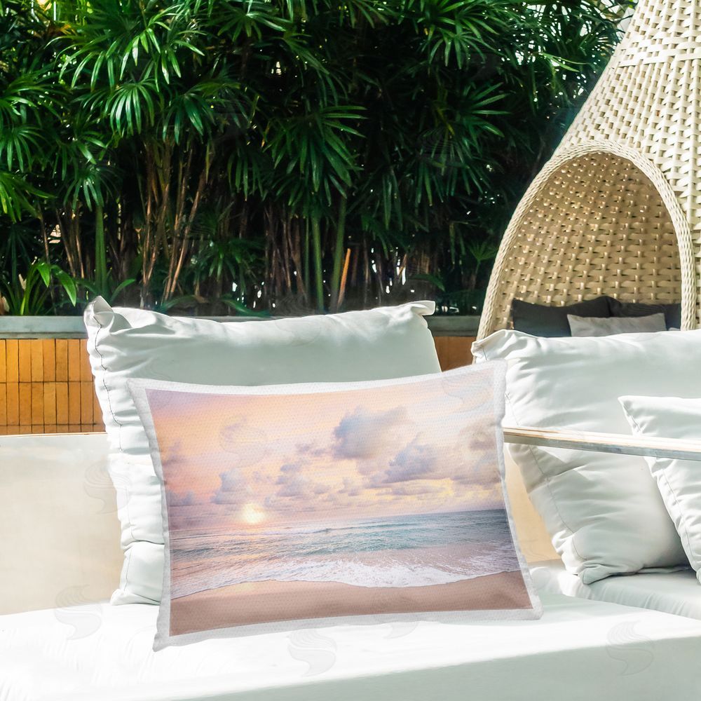 Sisi and Seb Cloudy Sunset Seaside Shore Outdoor Rectangular Pillow on Patio