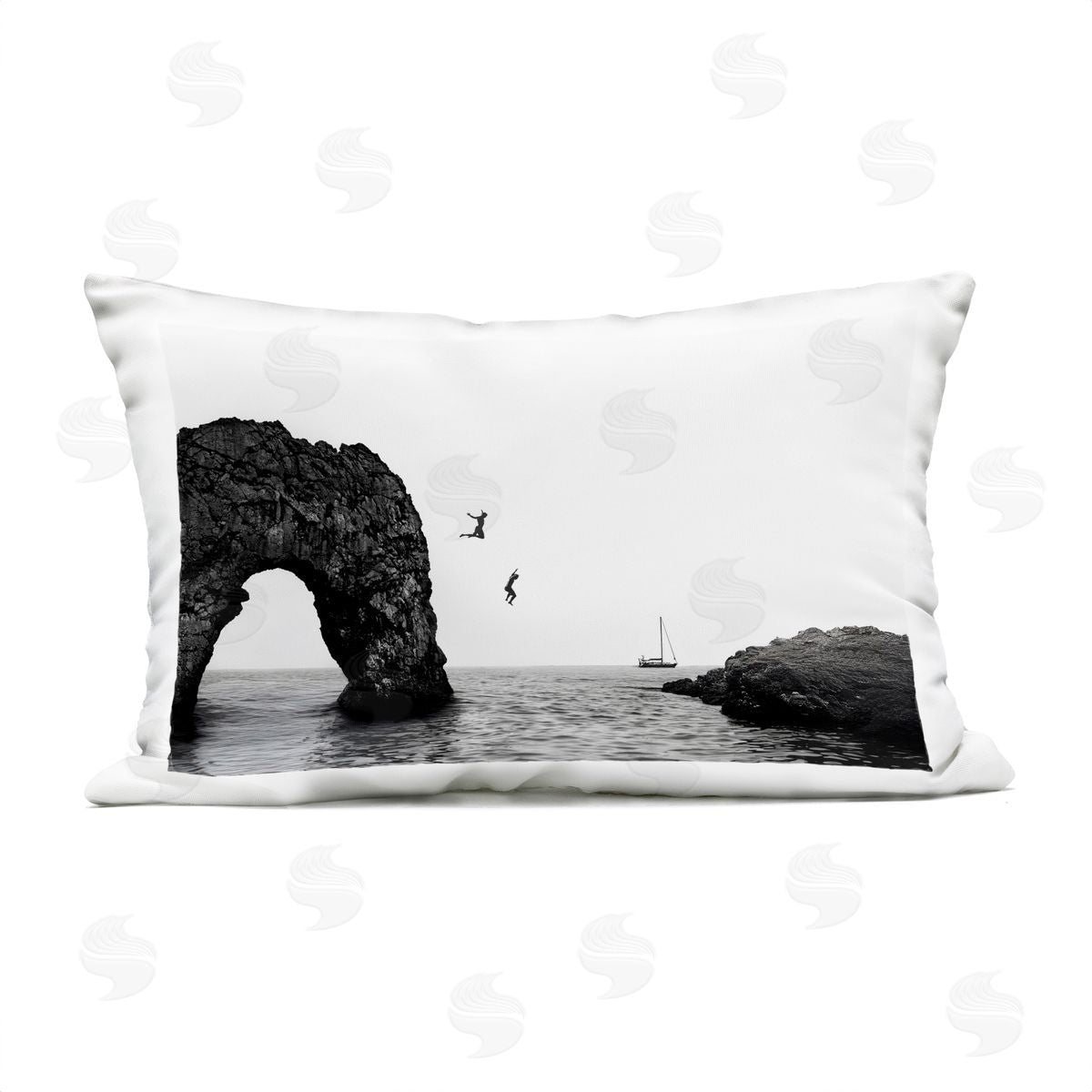 Sisi and Seb Cliff Jumping into Sea Outdoor Printed Pillow