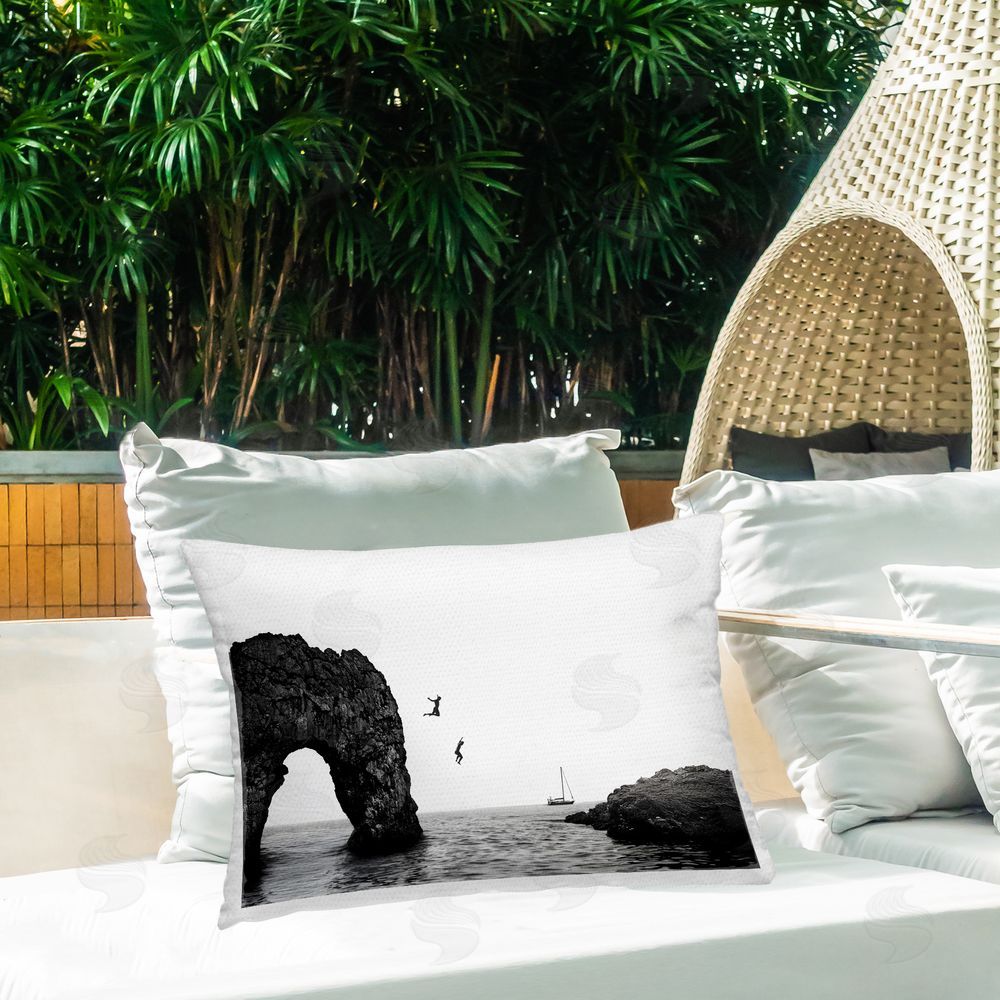 Sisi and Seb Cliff Jumping into Sea Outdoor Rectangular Pillow on Patio