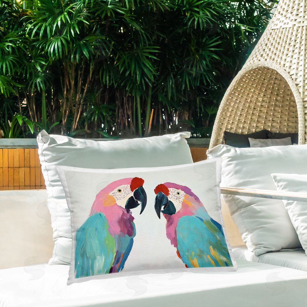 Sisi and Seb Exotic Pastel Macaws Outdoor Rectangular Pillow on Patio