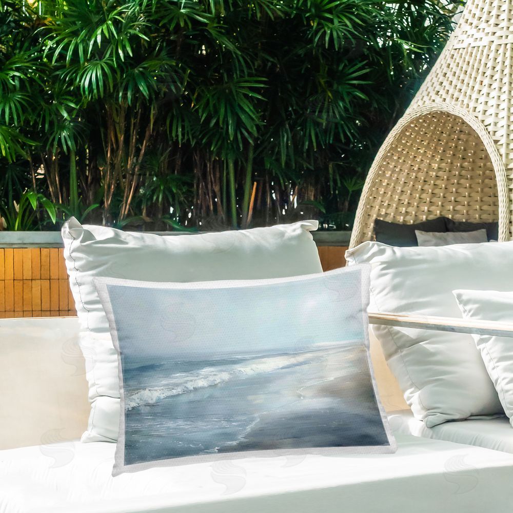 LSR Design Studio Foggy Faded Coastline Outdoor Rectangular Pillow on Patio