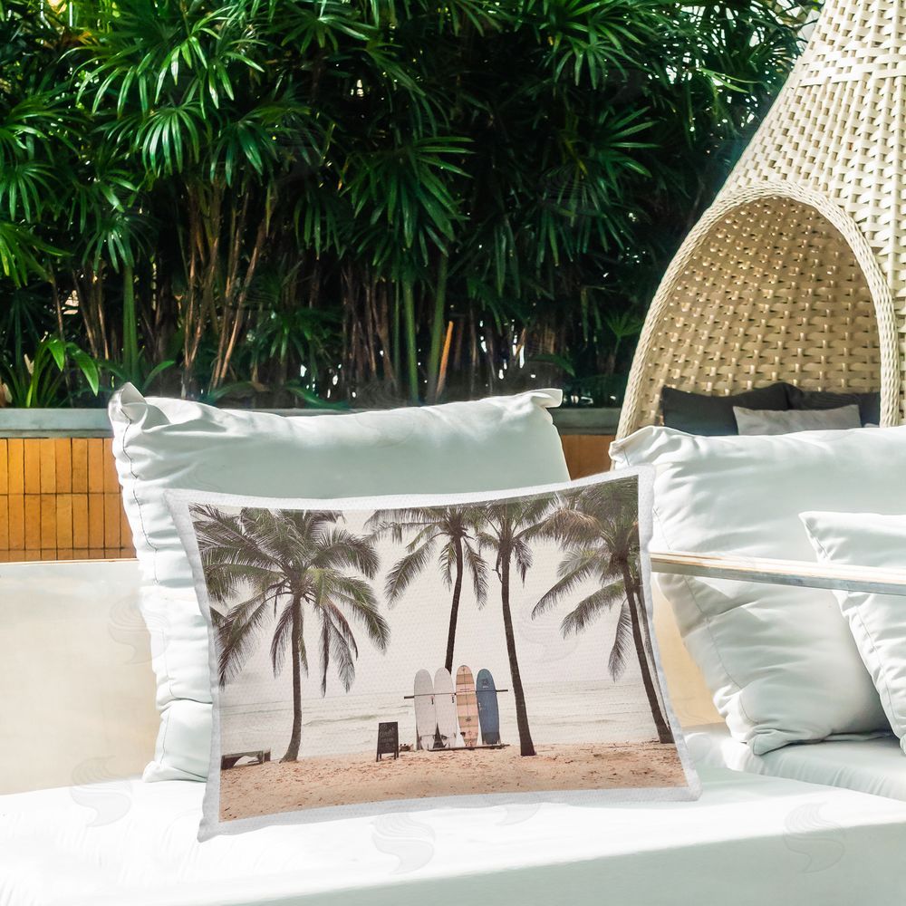Sisi and Seb The Boards Surfer's Beach Outdoor Rectangular Pillow on Patio