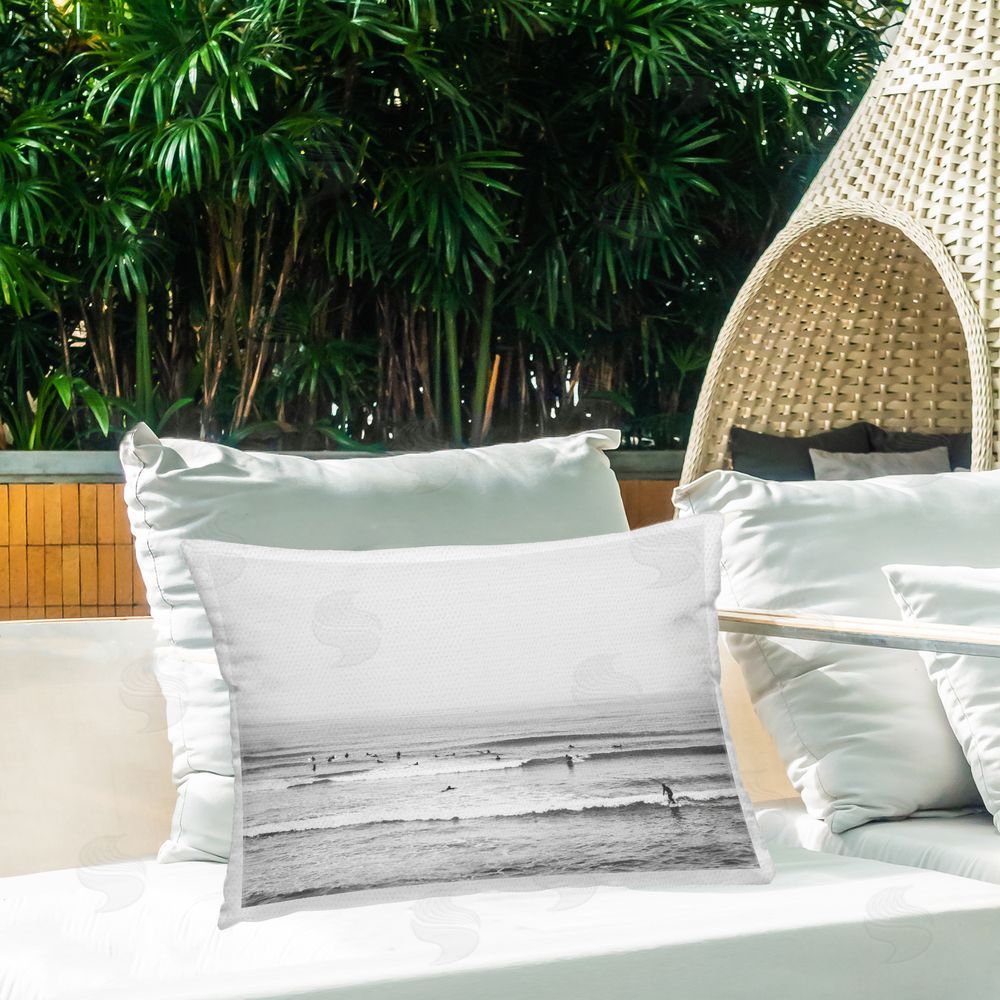 Sisi and Seb Surfers Riding Waves Monochrome Outdoor Rectangular Pillow on Patio