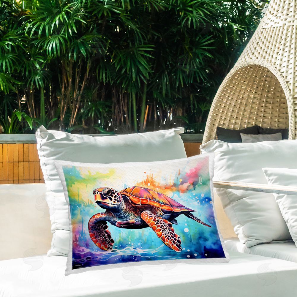 LSR Design Studio Sea Turtle over Watercolor Splash Outdoor Rectangular Pillow on Patio