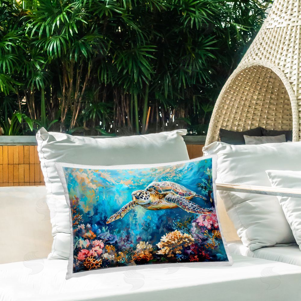 LSR Design Studio Turtle's Underwater World Outdoor Rectangular Pillow on Patio
