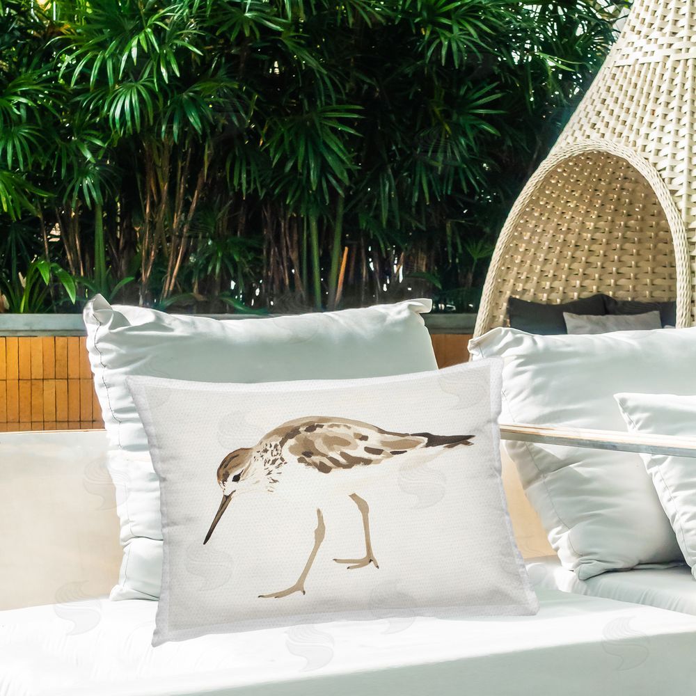 Sisi and Seb Sandpiper Shore Bird Minimalist Outdoor Rectangular Pillow on Patio
