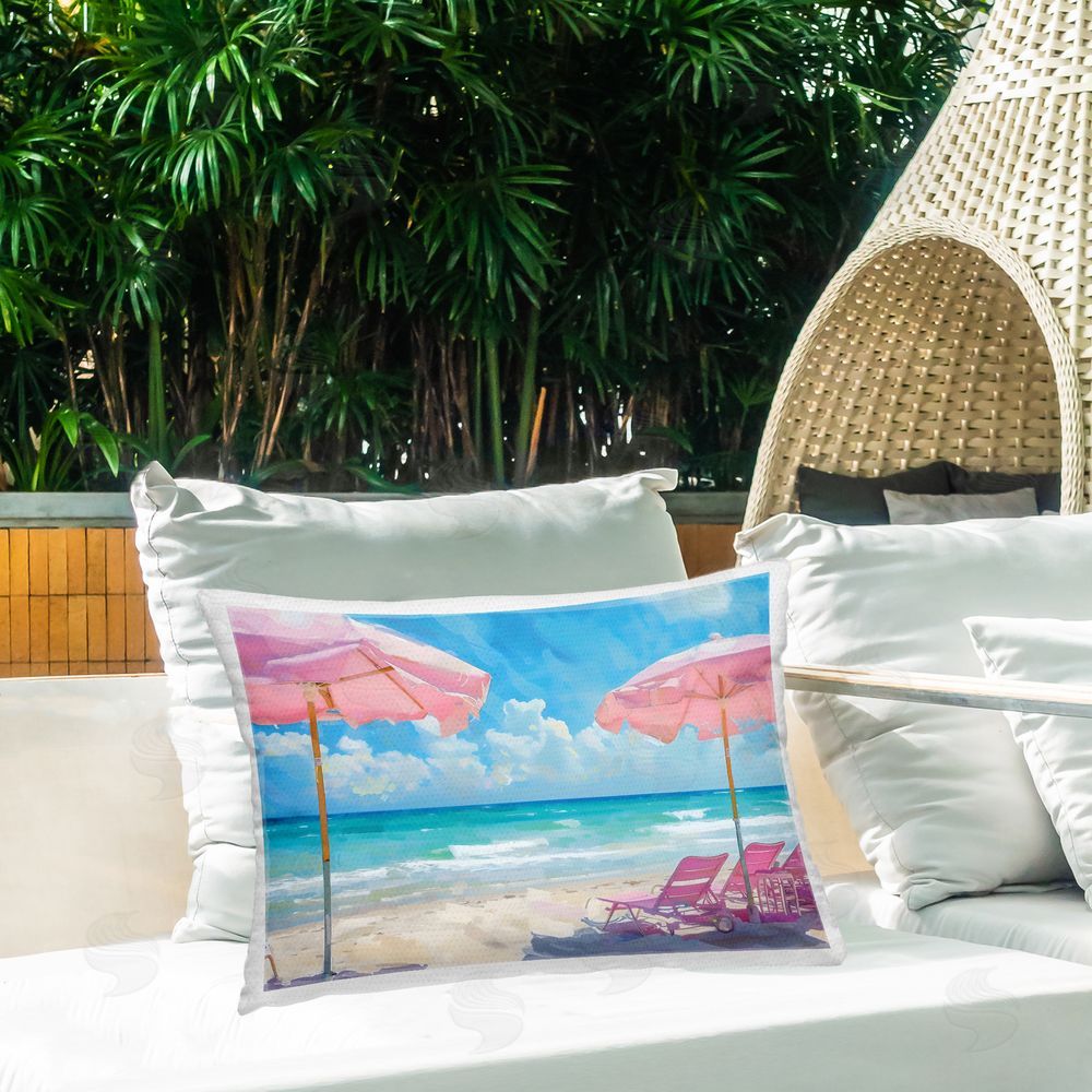 LSR Design Studio Pink Paradise Beach Umbrellas Outdoor Rectangular Pillow on Patio