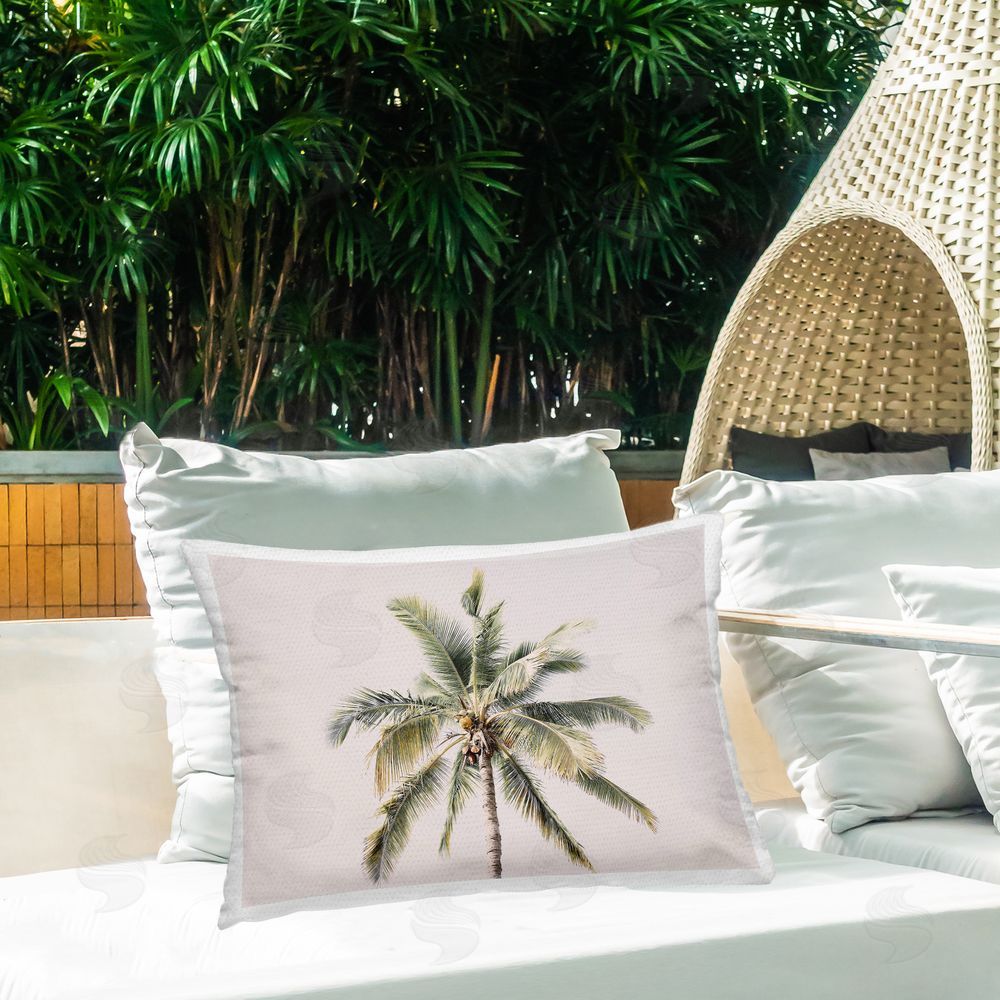 Sisi and Seb Palm Tree Underside on Pink Outdoor Rectangular Pillow on Patio