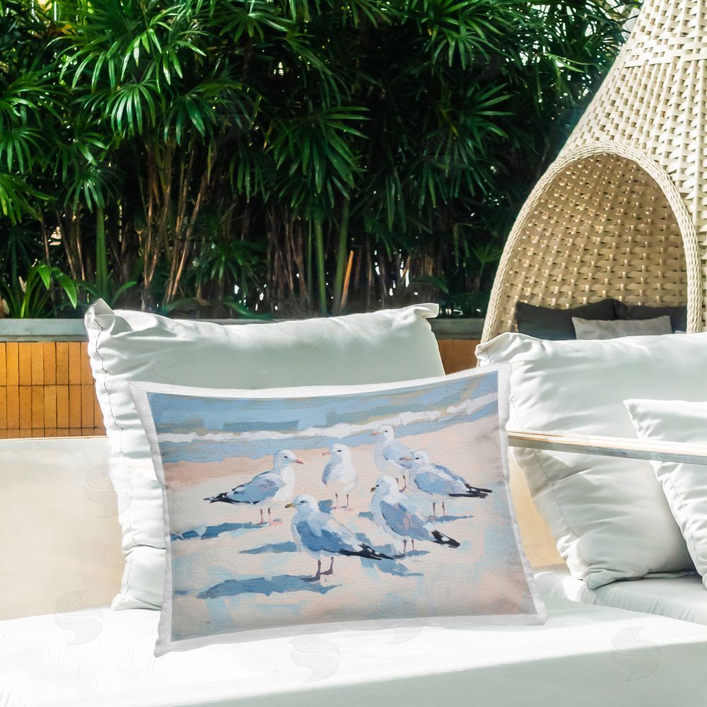 Sisi and Seb Summer Seagulls Crowding Shore Outdoor Rectangular Pillow on Patio