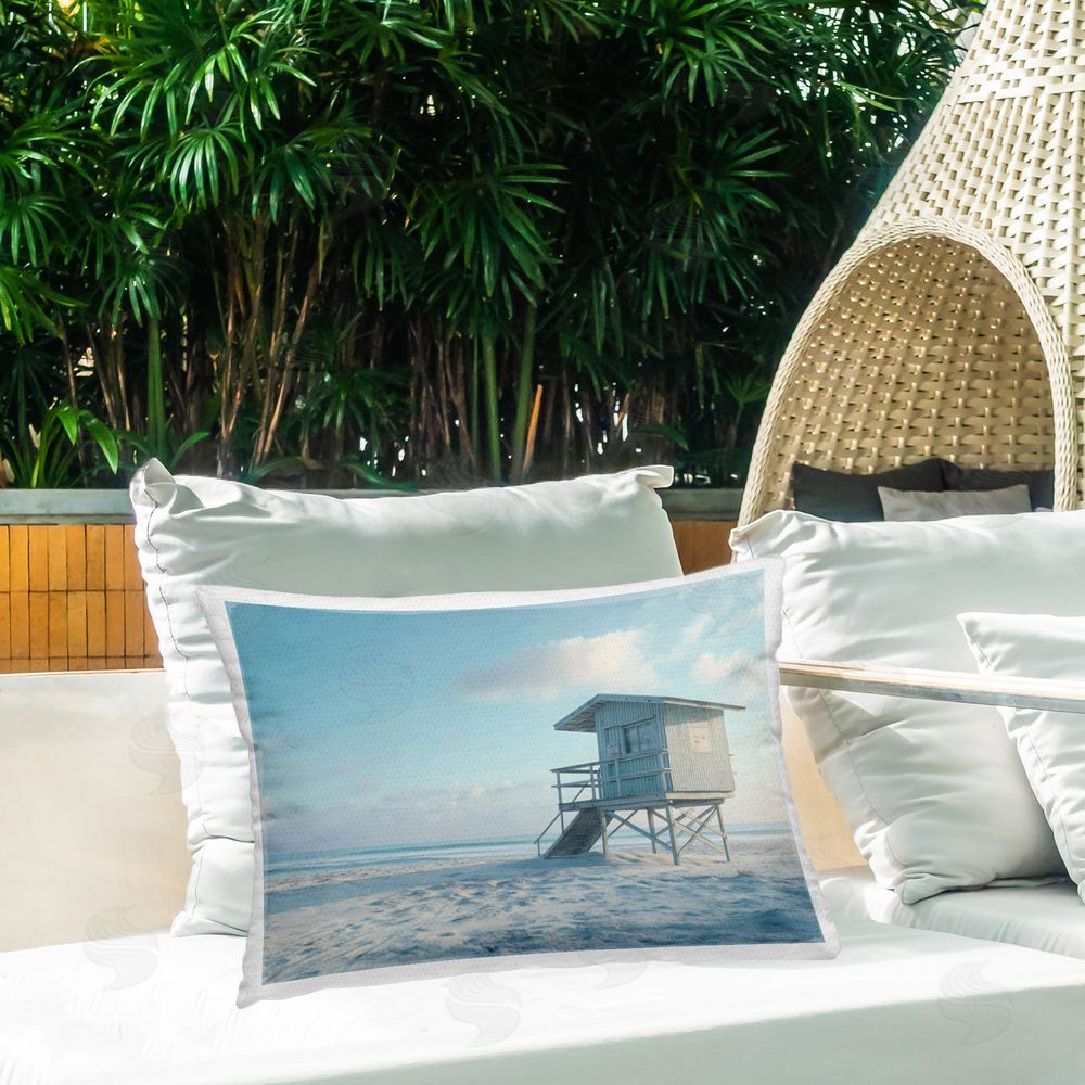 LSR Design Studio Blue And White Beach Scene Outdoor Rectangular Pillow on Patio